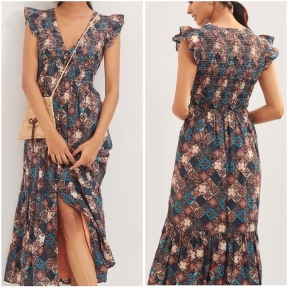 Anthropologie Patchwork Tile Smocked V-Neck Tiered Maxi Dress XL OB1387071